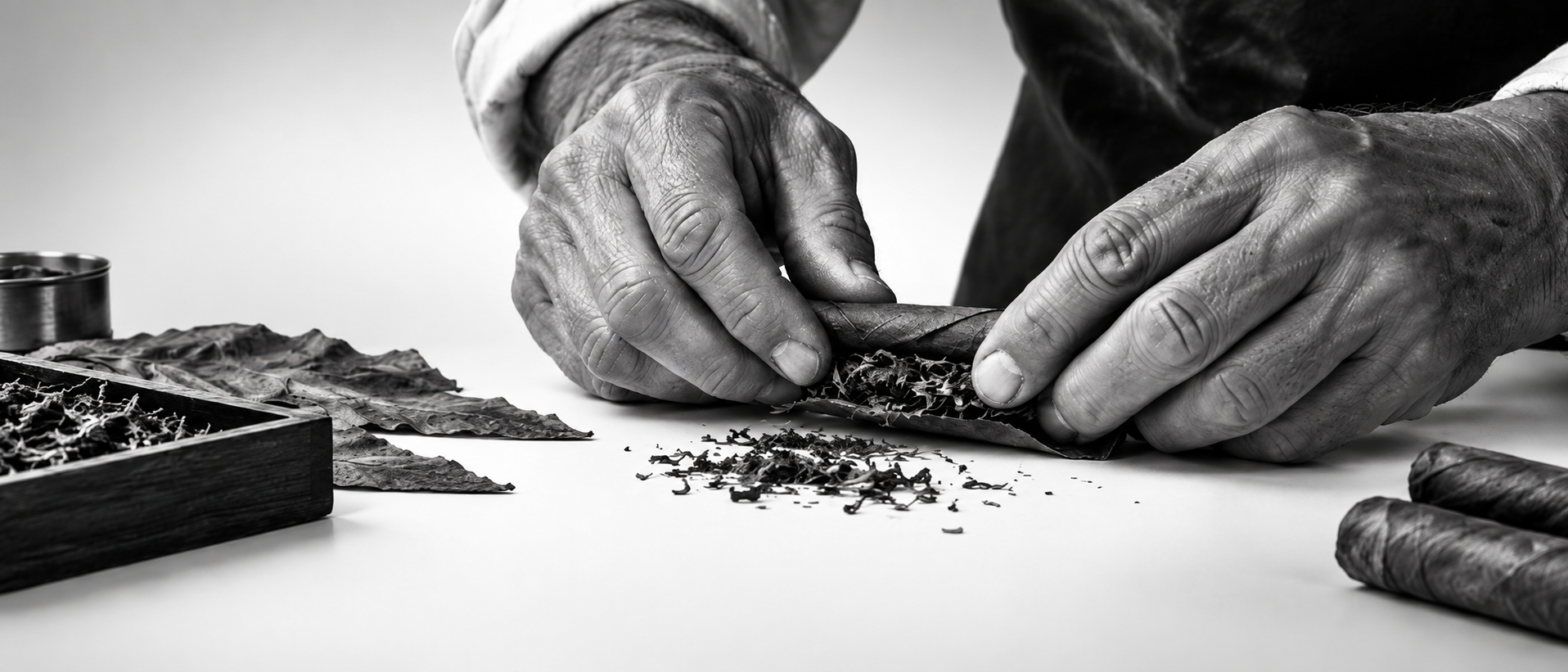 Hands carefully rolling a tobacco leaf
